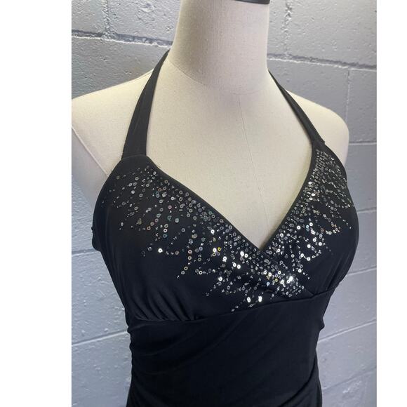 Vintage 90s Black Mesh Halter Dress Handkerchief Hem Sequined LG City Triangles - Picture 2 of 9